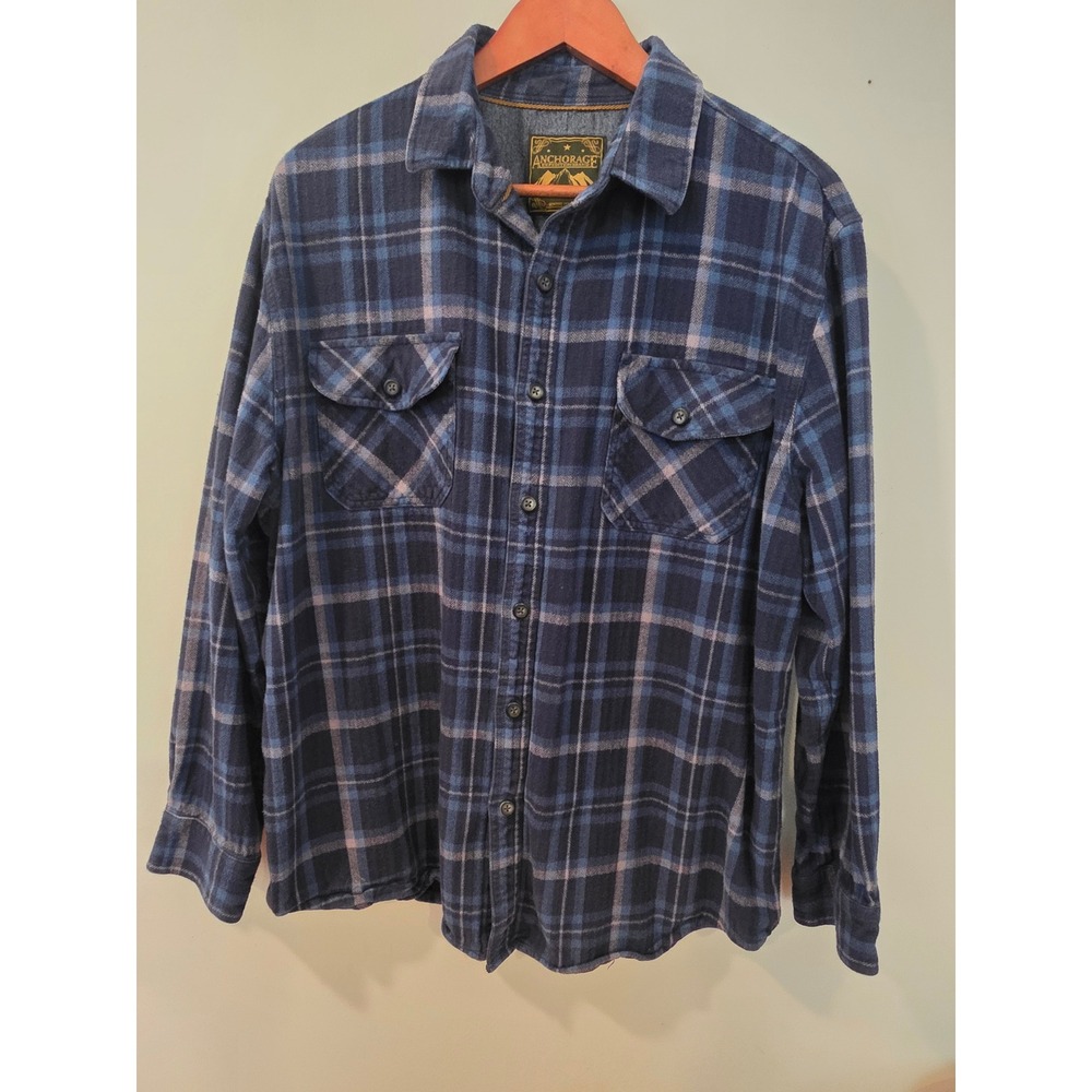 Anchorage Expedition Blue Gray Plaid Heavyweight Flannel Button Down Shirt XL